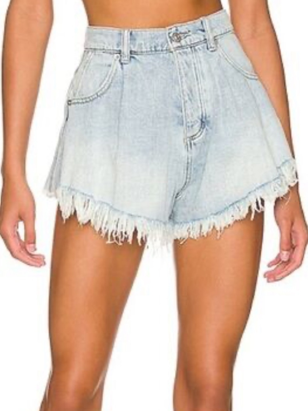 Free People We The Free Light Wash Frayed Hem Wide Leg Cutoff Denim Shorts - Picture 2 of 9